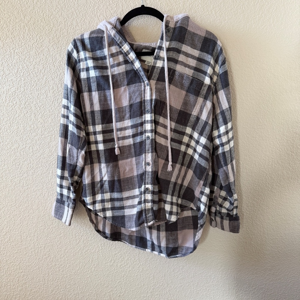American Eagle Plaid Flannel Shirt with Hood - Picture 2 of 6